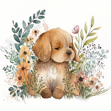 Watercolor forest cartoon isolated cute baby dog animal. Illustration AI Generative