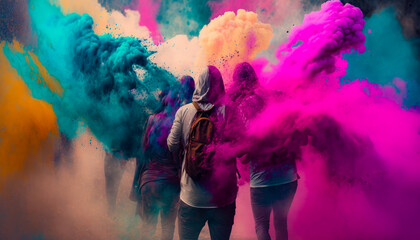  Celebrating  color festival.  Throwing colored powder. 