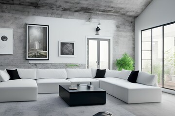 Fototapeta na wymiar Loft Style House Mockup with White Wall, Sofa, and Room Accessories - generative ai