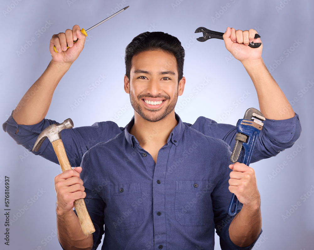 Aufkleber Handyman, builder tools and portrait of mulitask engineering of a man ready for construction work. Diy, home renovation project and happiness of a model with isolated studio background with arms