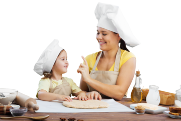 Happy loving family prepares bakery together.