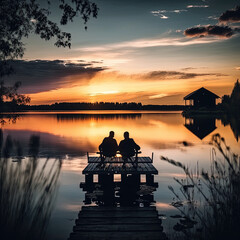 Obraz na płótnie Canvas Lakeside Romance: Couple Enjoys Serene Sunset on Dock