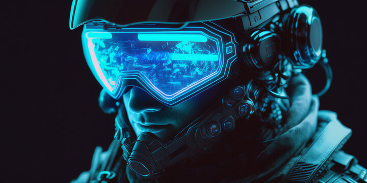 An artificially created model of a soldier in blue night vision glasses on a dark background, generated ai