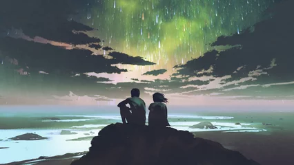 Tuinposter couple sitting and looking at the sky with a spectacular meteor shower, digital art style, illustration painting © grandfailure