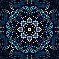 Retro indigo floral bandana 2 tone patterned fabric background. Seamless boho denim blue design. Fashion masculine wall paper. 