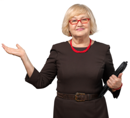 Old Woman Holding Organizer, and Gesturing - Isolated