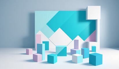 Minimal scene with podium and abstract background. Pastel blue and white colors scene. Trendy designs for social media banners, promotion, cosmetic product show. Geometric shapes interior.