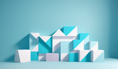 Minimal scene with podium and abstract background. Pastel blue and white colors scene. Trendy designs for social media banners, promotion, cosmetic product show. Geometric shapes interior.