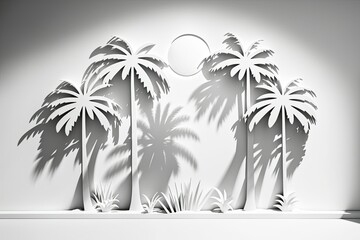 Shadows cast by palm trees on a white wall. Generative AI