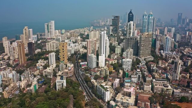 Mumbai skyline aerial drone view Mahalaxmi area, India, Maharashtra, 4k cinematic