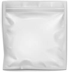 Obraz premium Mockup White Blank Filled Retort Foil Pouch Bag Packaging With Zipper. For Medicine Drugs Or Food Product. Illustration Isolated On White Background. Mock Up Template Ready For Your Design.