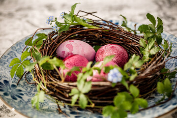 easter colored pink eggs in diy wreath from birch on blue plate with flowers