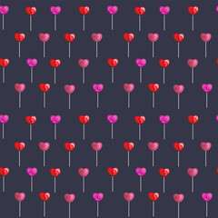 Fototapeta na wymiar Seamless pattern with lollipops in the form of hearts on a stick on a gray background. Happy Valentine. Romantic print. Print for fabrics