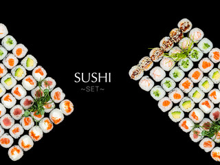 Set of different types of Maki sushi rolls. A lot of sushi isolated on black background with text...