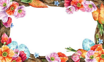 Frame of carrots, willow branches, colorful poppies, forget-me-not flowers and easter eggs watercolor elements isolated on transparent background