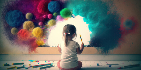 Little girl creates imagine world with paint, Generative AI