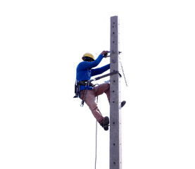 Electrician installing wires on power pole, Work workers on electric poles. isolated on white background.