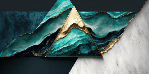 Marble and gold triangle on stone background, Generative AI