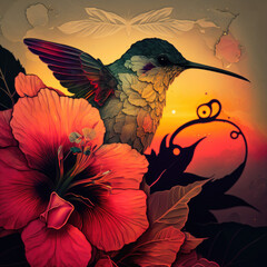 Hummingbird art in the sunset. Generative AI