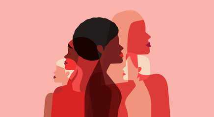 silhouette female diverse faces of different ethnicity. March 8 International women day and the feminist movement for independence, freedom, and activism for woman rights, vector flat illustration