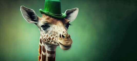 Funny giraffe wearing grenn hat celebrating Saint Patrick Day on a blurred background. Generative AI