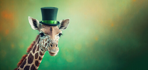Funny giraffe wearing grenn hat celebrating Saint Patrick Day on a blurred background. Generative AI - obrazy, fototapety, plakaty