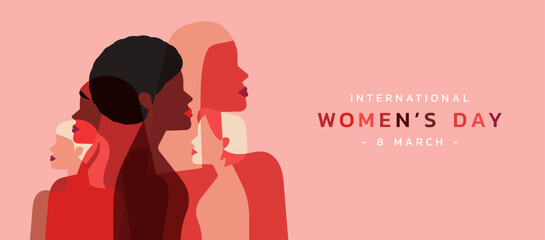 Obrazy na Plexi  female diverse faces of different ethnicity in silhouette. March 8 International women day and the feminist movement for independence, freedom, and activism for woman rights, vector flat illustration