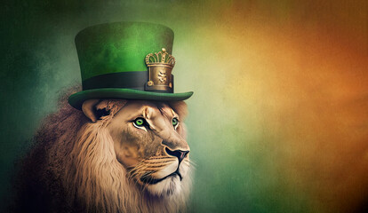 Powerful lion with green hat celebrating Saint Patrick day on blurred background. Generative AI
