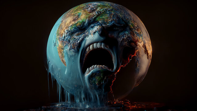 Ruined Planet Earth screaming and crying in despair, environmental crisis or end of the world concept, generative AI