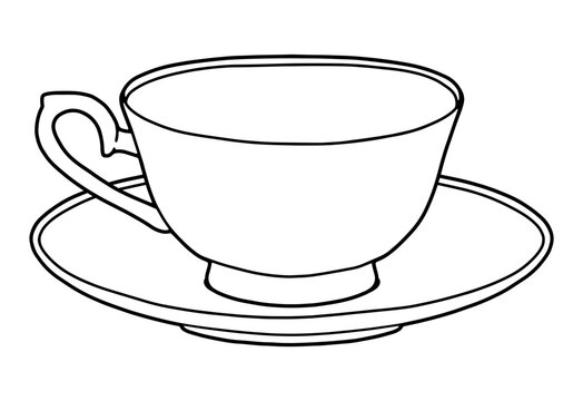 Coloring page. Tea couple. Cup and saucer. Black line. Hand drawing picture.