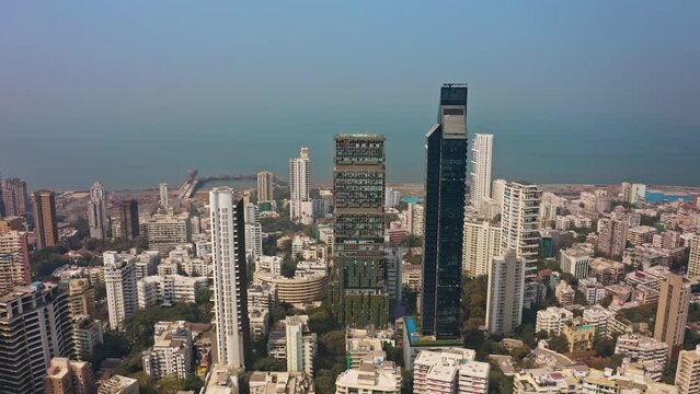 Mumbai skyline aerial drone view Mahalaxmi area, India, Maharashtra, 4k cinematic