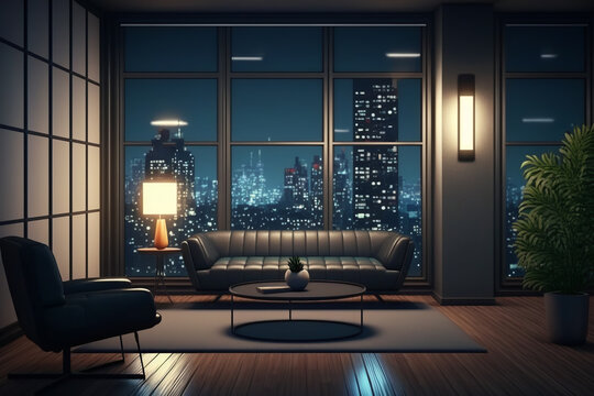 Living Room Night City View Out Of Glass Windows. Modern Design Apartment Interior With Furniture, Generative AI