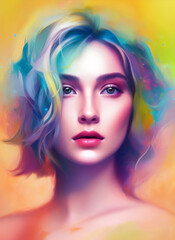 Fototapeta premium Digital portrait of a beautiful face. Illustration of a beautiful girl, colorful, Beautiful woman painting. Generative AI