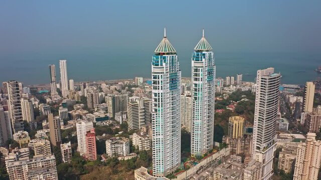 Mumbai skyline aerial drone view Mahalaxmi area, India, Maharashtra, 4k cinematic