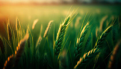 Green wheat spikelets in field, closeup, generative ai