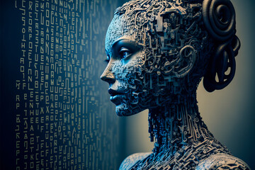 AI conversational model combining language and an algorithm to create content and human language in the form of a robot composed of letters and phrases. Generative AI - obrazy, fototapety, plakaty