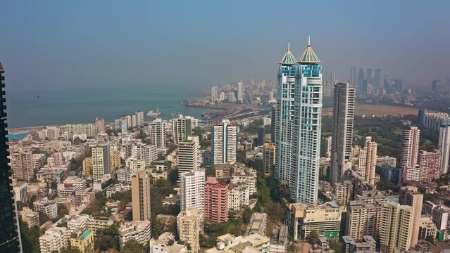 Mumbai skyline aerial drone view Mahalaxmi area, India, Maharashtra, 4k cinematic