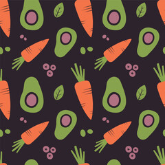 Vegetable seamless pattern with illustrations of avocado, carrot, berries. Simple healthy food background with veggies for vegan menu, vegetarian merch, wrapping paper, fabric, wallpaper, packaging.