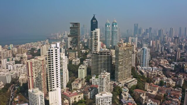Mumbai skyline aerial drone view Mahalaxmi area, India, Maharashtra, 4k cinematic