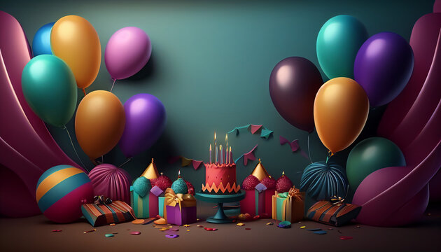 Realistic Happy birthday background with colorful balloons and beautiful cakes