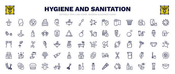 set of hygiene and sanitation thin line icons. hygiene and sanitation outline icons such as face towel, microbes, pathogen, bubble, dust cleaning, tooth paste, sanitary napkin, body cream, beardy