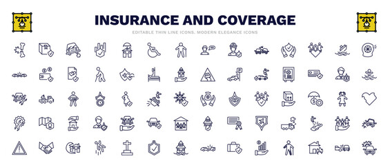 set of insurance and coverage thin line icons. insurance and coverage outline icons such as fracture, stone on the road, puncture in a wheel, bank safe, savings, transport insurance, shake hands,