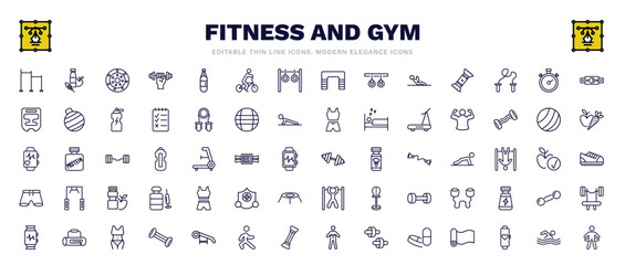 set of fitness and gym thin line icons. fitness and gym outline icons such as horizontal bar, weight drive, fitness belt, bodybuilder, little dumbbell, female sportwear, gym bag, man swimming, stick