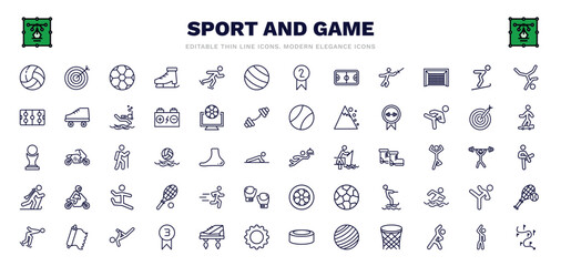 set of sport and game thin line icons. sport and game outline icons such as volleyball ball, football ball, exercise ball, jumping ski, weight lifting medal, waiter falling, excercise, capoeira,