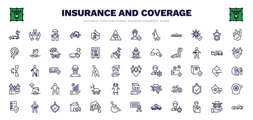 set of insurance and coverage thin line icons. insurance and coverage outline icons such as engine problems, real estate insurance, slippery road, long term protection, parking crash, family care,