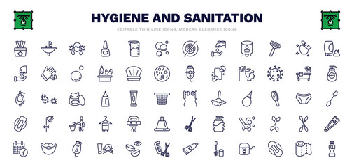 set of hygiene and sanitation thin line icons. hygiene and sanitation outline icons such as baby wipe, face washer, bubbles, food hygiene, hair washing, ear buds, hand dryer, epilator, chlorine