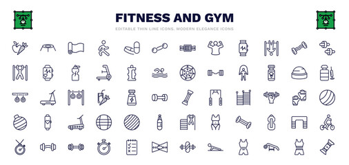 Fototapeta na wymiar set of fitness and gym thin line icons. fitness and gym outline icons such as carrot and, mat for fitness, dumbbells bar, resistance, skip rope, arms extender, gymnastic ball, exercising dumbbell,