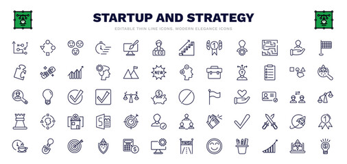 set of startup and strategy thin line icons. startup and strategy outline icons such as strategy management, reaction, ceo, humanpictos, choice, restrict, purpose, mission, entrepreneur vector.