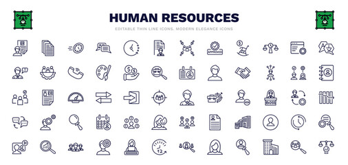 Fototapeta na wymiar set of human resources thin line icons. human resources outline icons such as cv, urgent, job application, application, hired, employee, problems, work team, benchmarking vector.