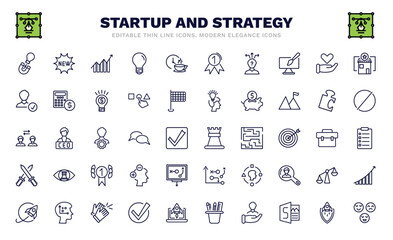 set of startup and strategy thin line icons. startup and strategy outline icons such as idea magnet, increase, strategy choice, hire, exchanging, rook, fight, exploration, reaction vector.